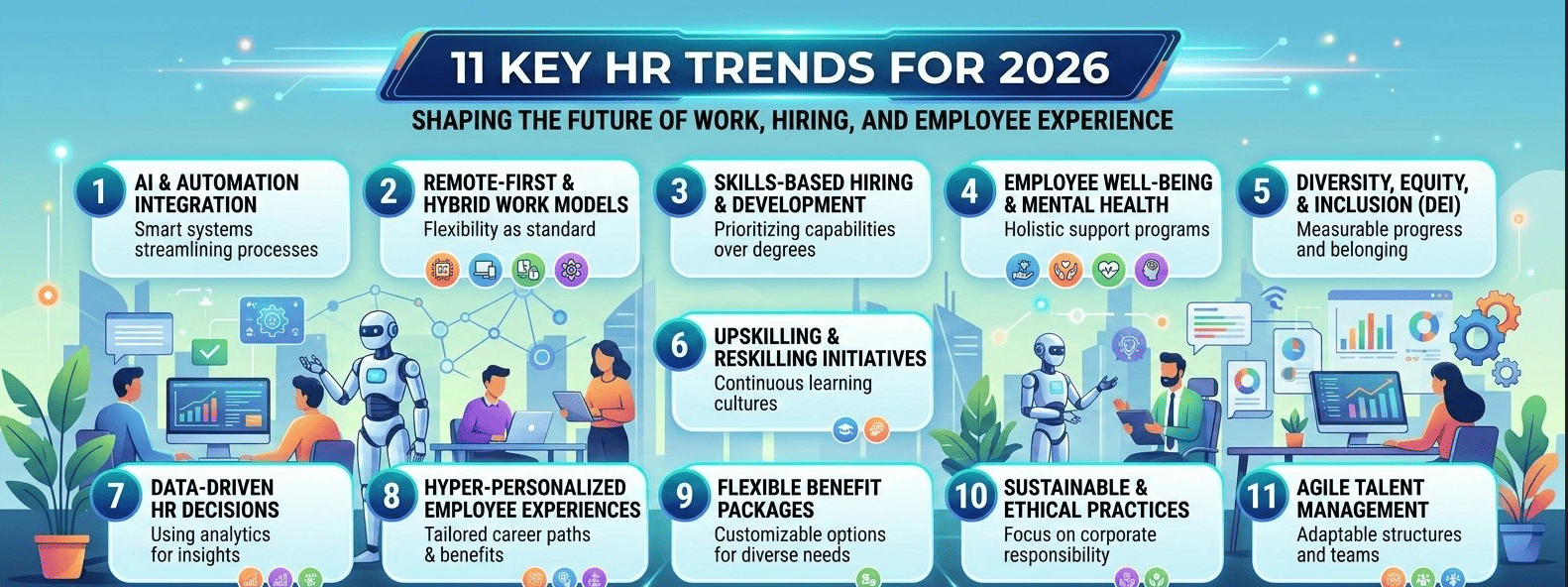 11 key HR trends for 2026 shaping the future of work, hiring, and employee experience.